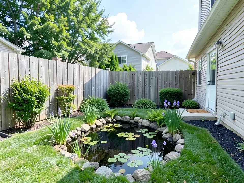 AI-edited version of the same image: a small irregular pond with dark water and floating lily pads at the back of the lawn, edged with grey and brown river rocks, with tall green irises with purple flowers and ferns planted around it, and the fence, shrubs, house and door as before