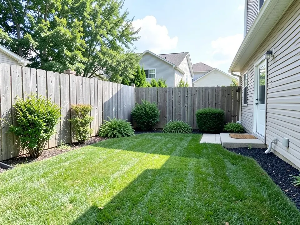 AI-generated example: a small backyard with a mown striped green lawn, a grey wooden fence along the back and left with shrubs in front of it, black mulch along the right, a beige-sided house on the right with a white back door on a concrete step with a doormat, an outdoor tap and box on the wall, and trees and a neighbor's house beyond the fence, in daylight
