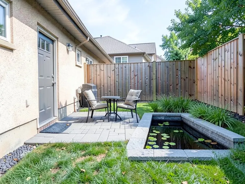 AI-edited version of the same image: a raised rectangular pond with a low grey stone wall and dark water with a few lily pads at the corner of the patio where it meets the lawn, a row of ornamental grasses behind it, and the patio, the chairs, the fence, the house and the air-conditioning unit as before