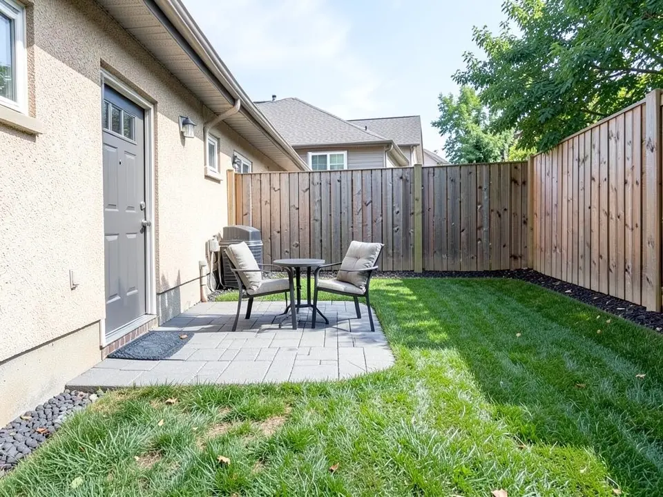AI-generated example: a small grey paved patio with a round table and two chairs with beige cushions next to a mown lawn, a grey door and a doormat on a beige stucco house wall on the left, an air-conditioning unit in the corner, a tall wooden fence along the back, and a strip of black pebbles at the far left, in daylight