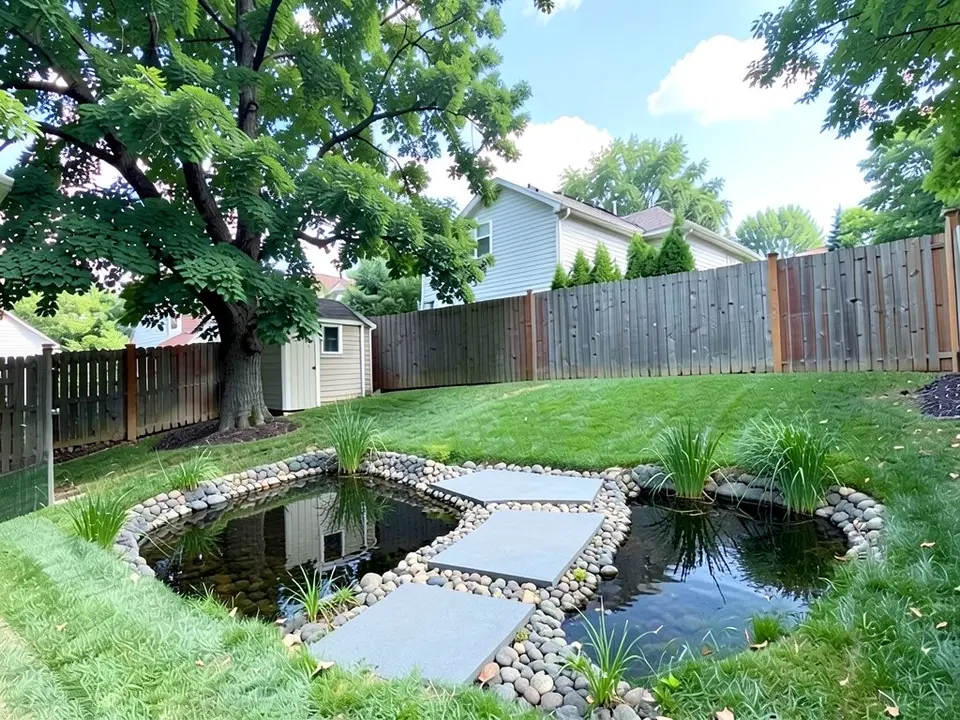 AI-edited version of the same image: a pond with clear dark water edged with grey and brown river rocks, three flat grey stepping stones leading across it, grasses and pond plants around the edge, and the tree, the fence, the shed and the rest of the lawn as before