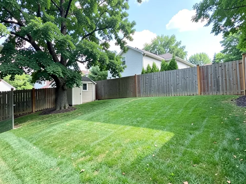 AI-generated example: a sloping mown green lawn with a large tree on the left, a tall wooden fence along the back, a small beige shed in the corner behind the tree, and a neighbor's house and trees beyond the fence, in daylight