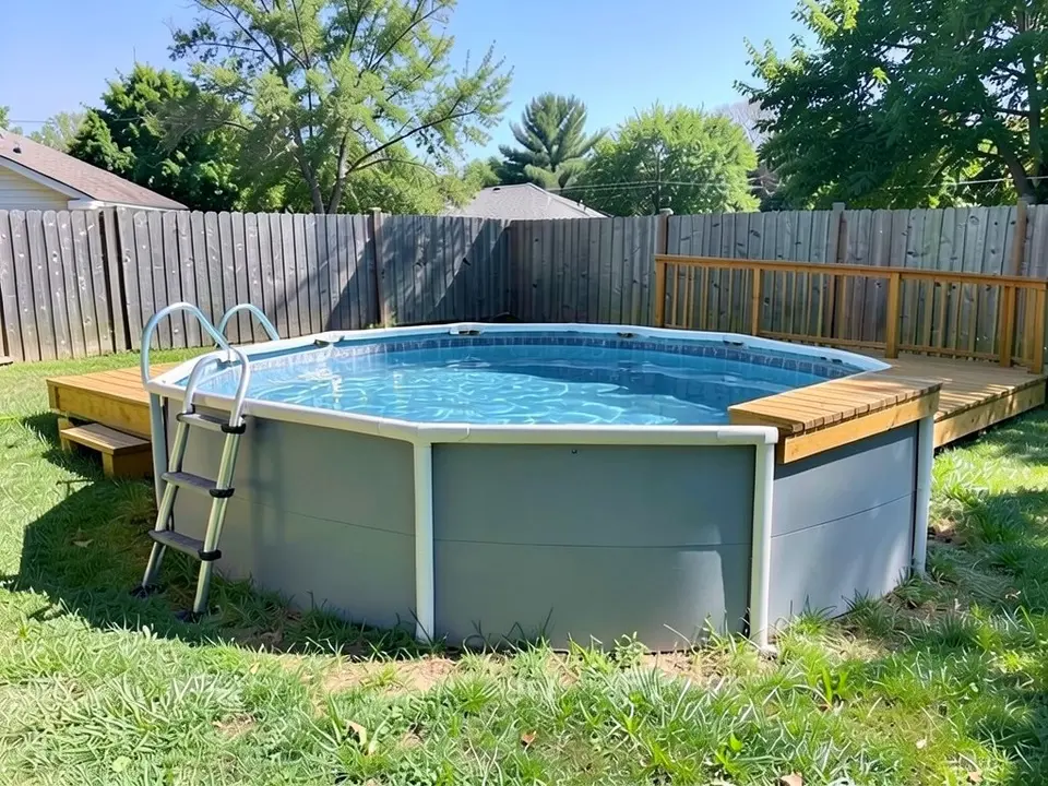 AI-edited version of the same image: the same pool with a wooden deck built up to the rim on the right with a wooden railing along the fence, and a small low wooden platform with a step on the left beside the ladder