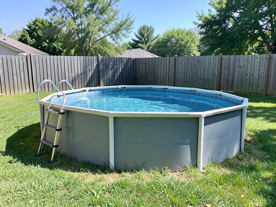 AI-generated example: a large round above-ground swimming pool with a grey metal wall, white frame posts, a metal ladder on the left and blue water, standing on a patchy lawn in front of a wooden fence, with houses and trees behind