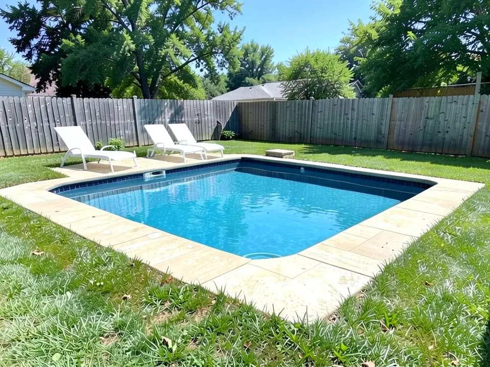 AI-edited version of the same image: the same pool with a cream, stone-colored surround in place of the grey concrete border, a slightly wider cream area at the back left with three white lounge chairs on it, and the lawn and fence as before