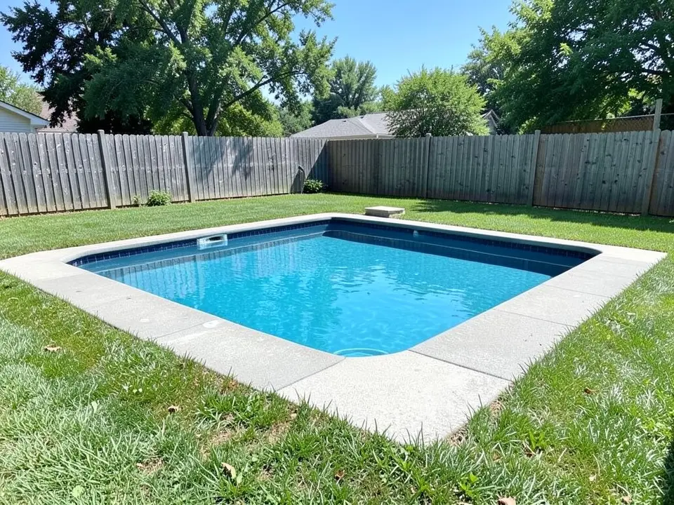 AI-generated example: a rectangular in-ground swimming pool with blue water and a dark blue tile line, a narrow plain grey concrete border, green lawn on all sides, a tall wooden fence behind it and large trees beyond