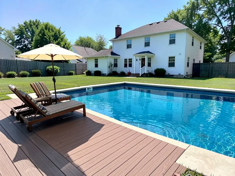 AI-edited version of the same image: the lawn beside the pool is now a wide brown plank deck with two striped wooden lounge chairs and a large cream patio umbrella on it, with the same house behind and the near-left corner of the pool now covered by the deck