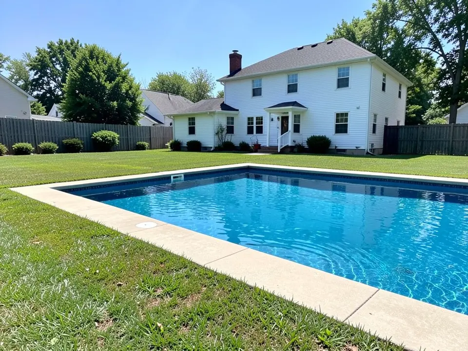 AI-generated example: an in-ground swimming pool with blue water and a narrow plain concrete edge, a green lawn on the near side, a white two-story house with a chimney in the background, shrubs along a wooden fence on the left and trees behind