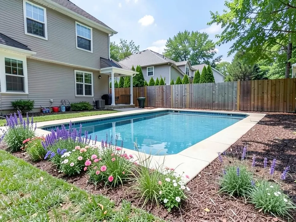 AI-edited version of the same image: clumps of purple spiky flowers, pink and white flowers and a few grasses now stand in the mulch beside the pool, at its left end and in the right foreground