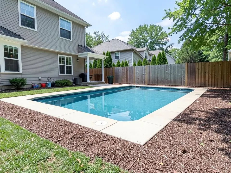 AI-generated example: a rectangular in-ground pool with a light concrete edge, a wide strip of dark mulch along its near side, a wooden fence and a grey-siding house behind it, and a patch of lawn at the lower left