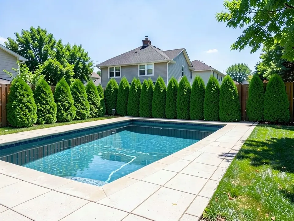 AI-edited version of the same image: a row of about a dozen dense, cone-shaped green evergreen shrubs now stands in front of the fence behind the pool, with the neighbor's roof and upper windows still showing above them