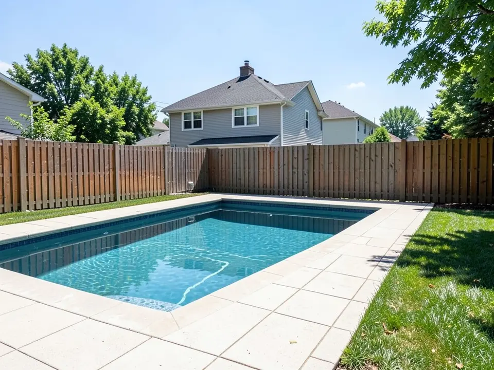 AI-generated example: a rectangular pool with pale paving slabs around it, a grassy strip on the right, a wooden fence at the back and a neighbor's two-story house with a dark roof visible over the fence