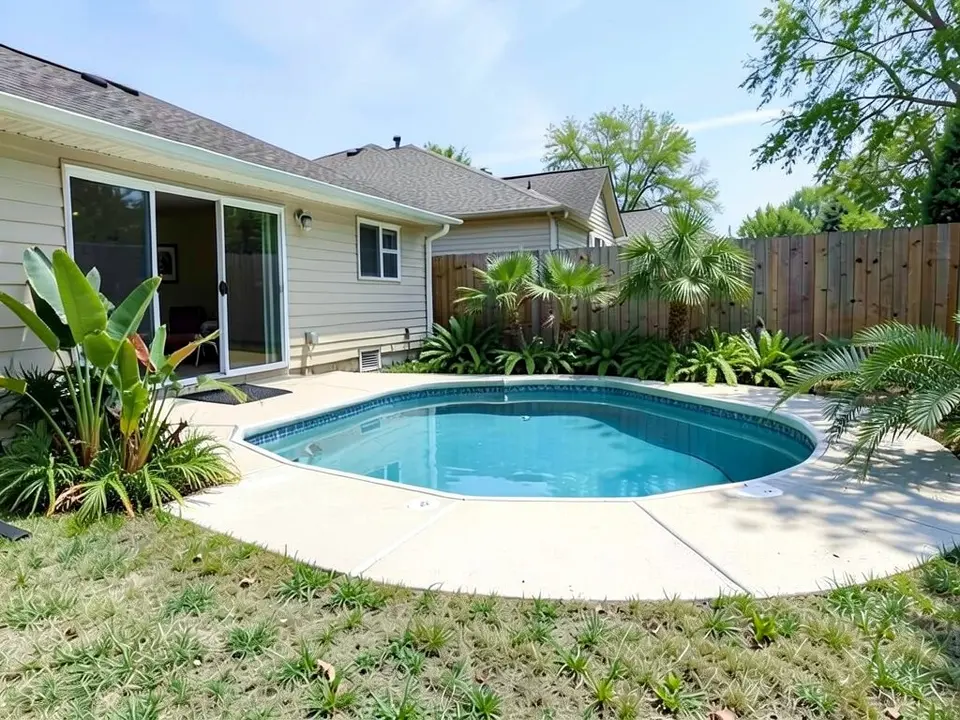 AI-edited version of the same image: palms, ferns and large-leaf green plants now grow along the back fence and beside the sliding door at the left, around a pool that looks the same, and the grass is greener