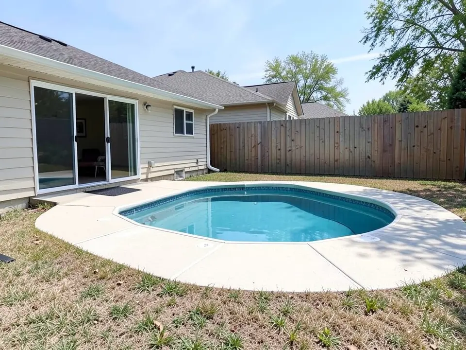 AI-generated example: a small kidney-shaped pool with a light concrete deck, dry patchy grass behind it, a wooden fence and a one-story house with a sliding glass door on the left