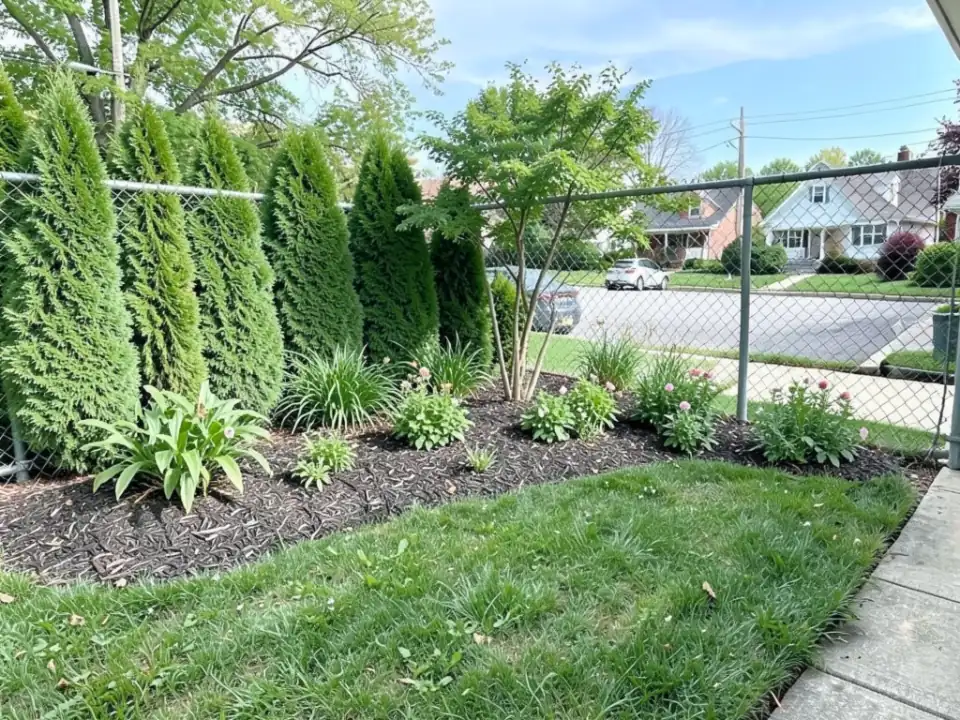 AI-edited version of the same image: a bed of dark mulch along the fence with a row of tall, narrow evergreens on the left, a small tree with several thin trunks in the middle and lower leafy and pink-flowering plants in front; the evergreens hide the left part of the street, but the back of the parked car, the street and the houses across it are still visible on the right