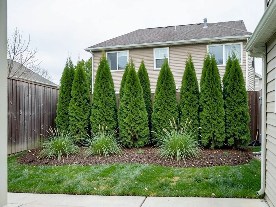AI-edited version of the same image: tall, narrow evergreens along the back fence in a curved bed of brown mulch, some set behind others, with three clumps of ornamental grass in front; the tops of the trees reach the lower part of the neighbor's upper windows, which are still visible