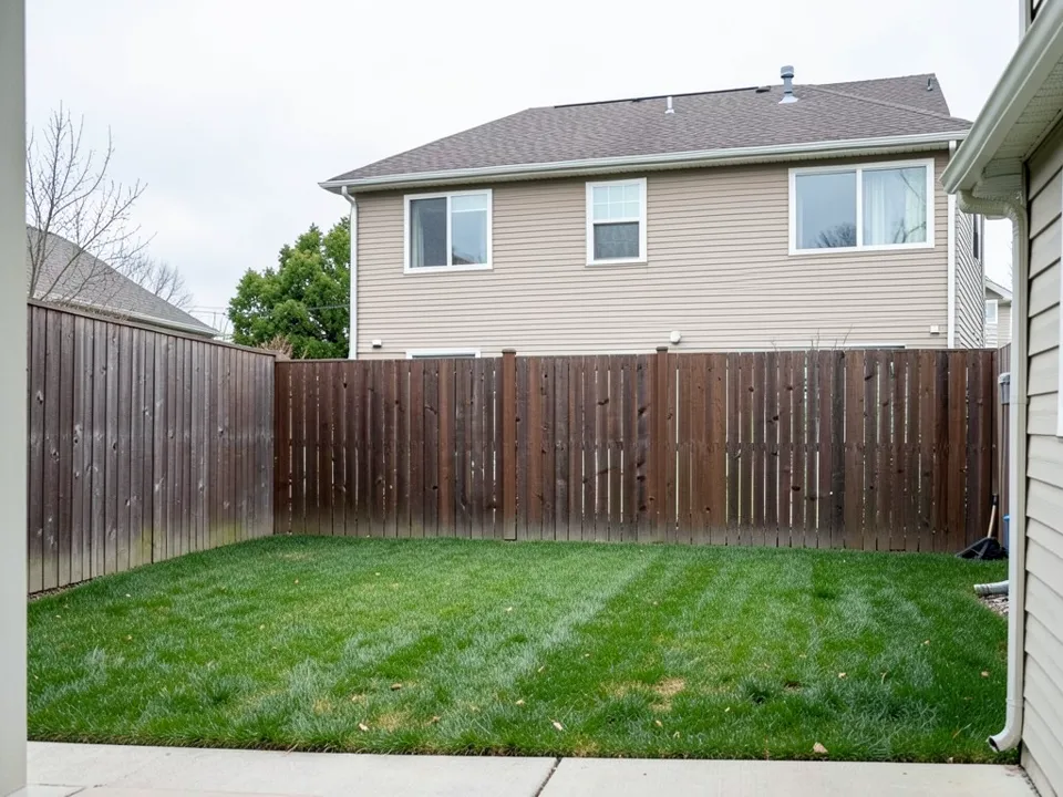 AI-generated example: a small backyard lawn seen from a concrete patio, enclosed by a bare brown wooden fence, with the upper floor and roof of a neighbor's beige two-story house rising above the back fence and three of its upper windows facing the yard