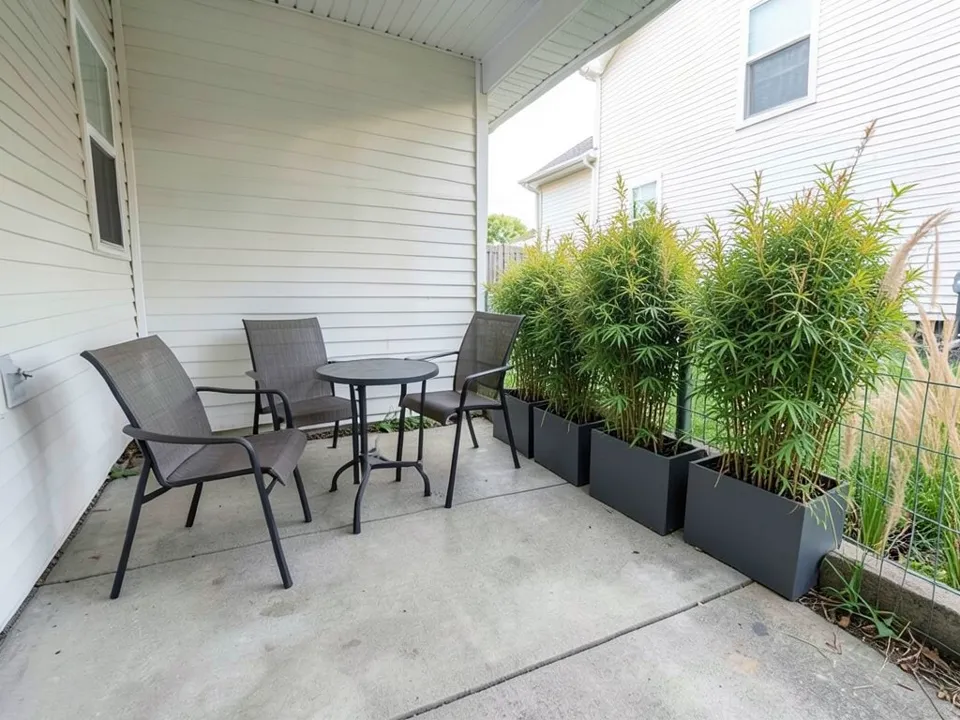 AI-edited version of the same image: four tall dark gray rectangular planters in a row along the curb, filled with dense green bamboo that hides the neighbor's air-conditioning unit, lower wall and most of the lawn, and a tall clump of feathery grass by the fence at the far right; the neighbor's upper window is still visible