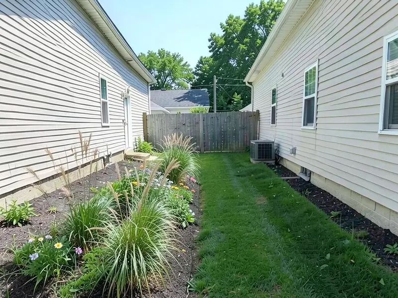 AI-edited version of the same image: a long bed of tall plumed ornamental grasses and purple, yellow and pink flowering perennials along the left house wall, with a lawn path kept on the right