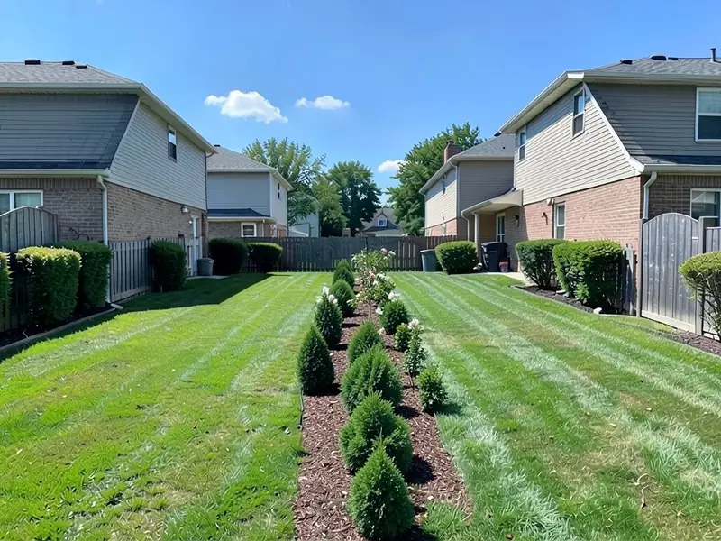 AI-edited version of the same image: a mulched strip down the middle of the shared lawn holding a staggered double row of small cone-shaped evergreens and a small flowering shrub