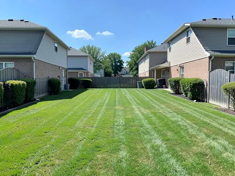 AI-generated example: two neighboring suburban backyards sharing one continuous striped lawn with no fence between them, a two-story house on each side