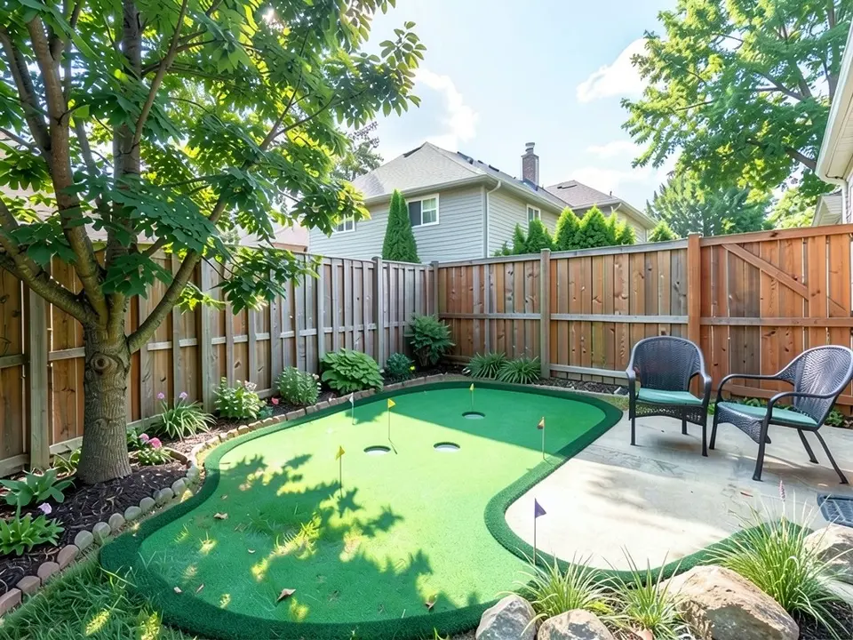 AI-edited version of the same image: a kidney-shaped bright green putting green with a darker fringe covering the lawn, with three cup holes and several small flags, large boulders and grass clumps at the front right, and the patio, chairs, fence, tree and flower bed as before