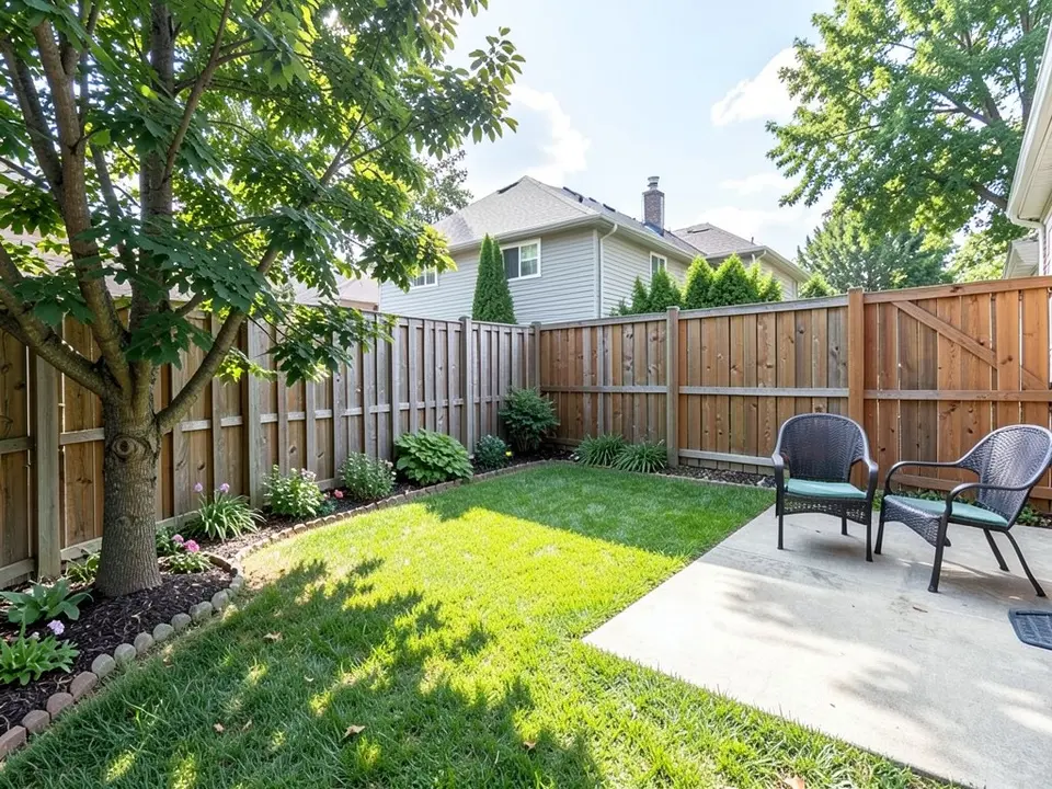 AI-generated example: a sunny backyard corner with a mown lawn, a concrete patio with two dark wicker chairs, a tall wooden privacy fence, a leafy tree on the left, a mulched flower bed with a stone edge along the fence and neighbor houses behind
