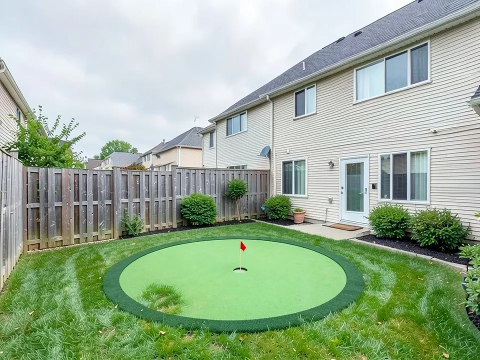 AI-edited version of the same image: a round bright green putting green with a darker green fringe in the middle of the lawn, with one cup hole and a small red flag, and the house, fence and shrubs as before and a shaggier lawn around it