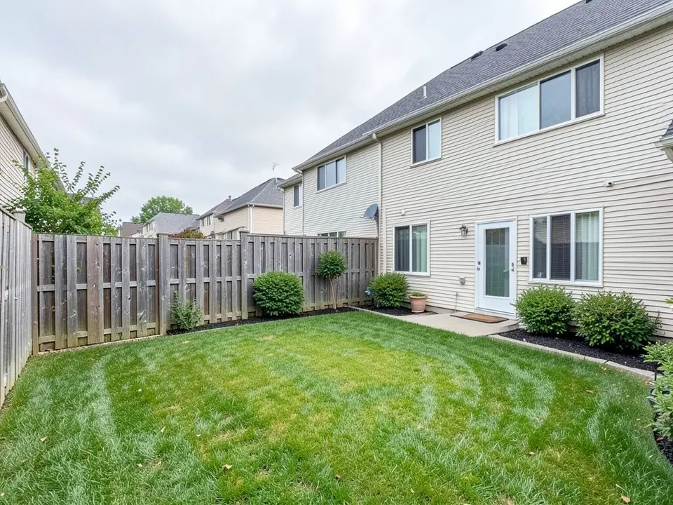 AI-generated example: a small suburban backyard with a mown striped green lawn, a tall weathered wooden fence along the back, a beige two-storey house with a white back door and windows, a small concrete step, a few green shrubs with dark mulch along the fence and wall, under an overcast sky