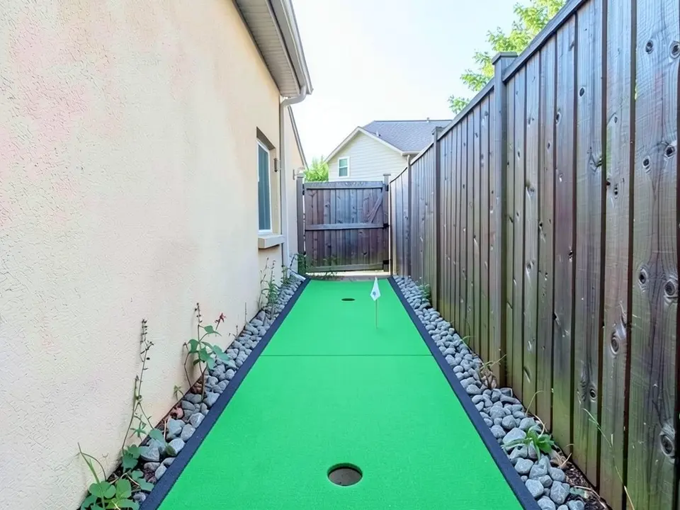 AI-edited version of the same image: a long narrow strip of bright green turf with a dark edging down the middle of the side yard, two cup holes with a white flag at the far one, grey stones along both sides, and the house wall, fence and gate as before