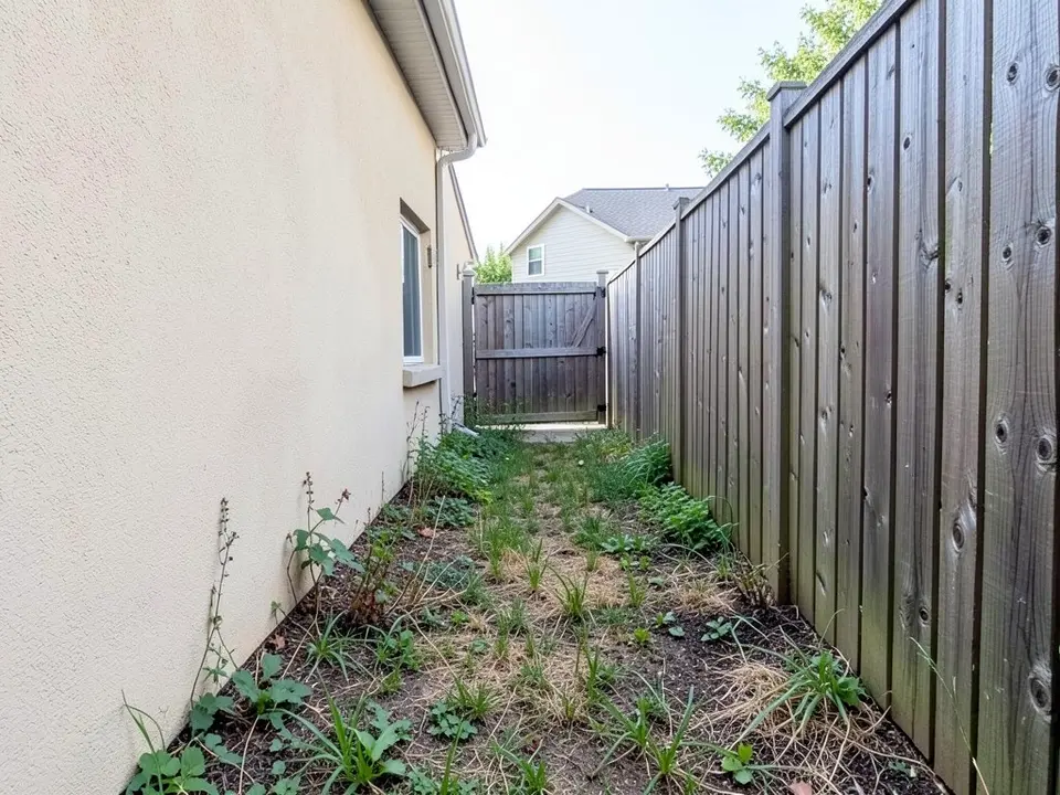 AI-generated example: a narrow side yard between a cream stucco house wall with a window and a tall dark wooden fence, patchy dry grass and weeds on the ground, and a wooden gate at the far end, in daylight