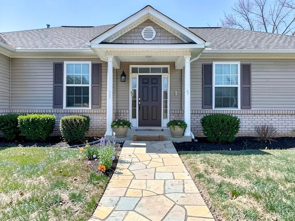 AI-edited version of the same image: the walk is now tan and grey flagstone in the same straight line, two large round pots with green plants and pink flowers stand by the door, and a small patch of purple, orange and yellow flowers grows on the left side of the path near the porch