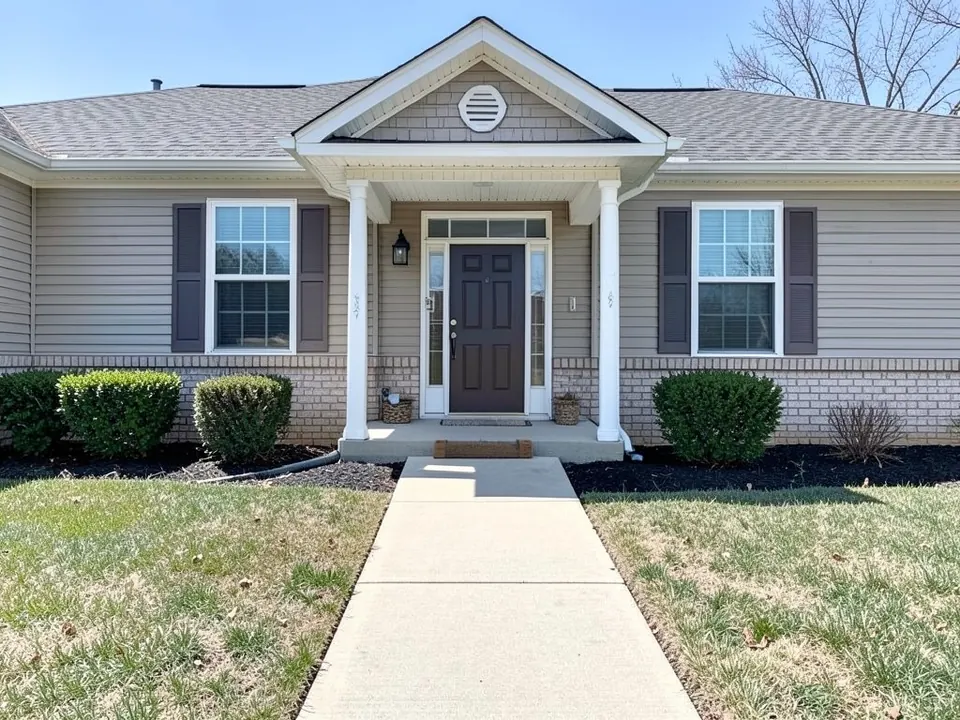 AI-generated example: the front entrance of a ranch house with a small gabled porch on two white columns, a dark brown front door with glass side panels, two small wicker baskets by the door, low shrubs in black mulch on both sides, and a short straight concrete walk across a patchy lawn