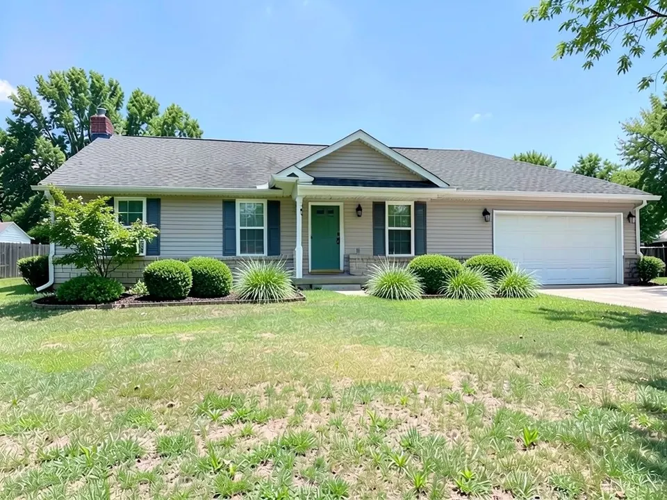 AI-edited version of the same image: round green shrubs alternating with clumps of ornamental grass along the front of the ranch house, a bed with a stone edge on the left half, and a small leafy tree at the left corner in front of the left window