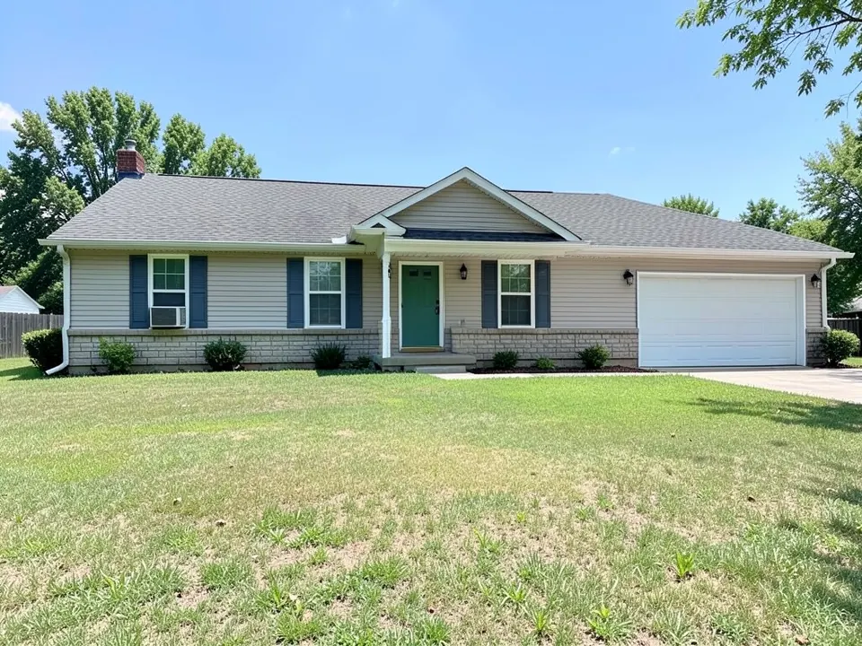 AI-generated example: a single-story ranch house with light grey siding, blue shutters, a stone base along the bottom, a green front door, a window air conditioner in the left window and a white two-car garage at the right, a few small shrubs along the foundation and a wide, patchy front lawn