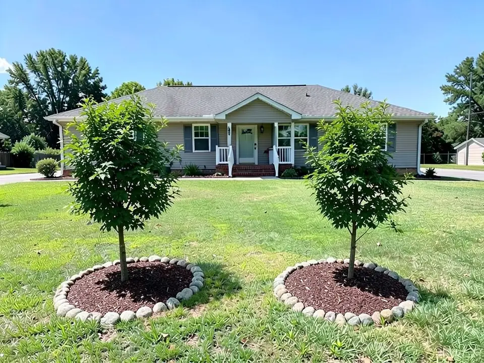 AI-edited version of the same image: two young leafy trees with thin trunks stand in the front lawn near the camera, each in a round bed of dark brown mulch ringed with rounded grey and tan stones, partly hiding the front of the house
