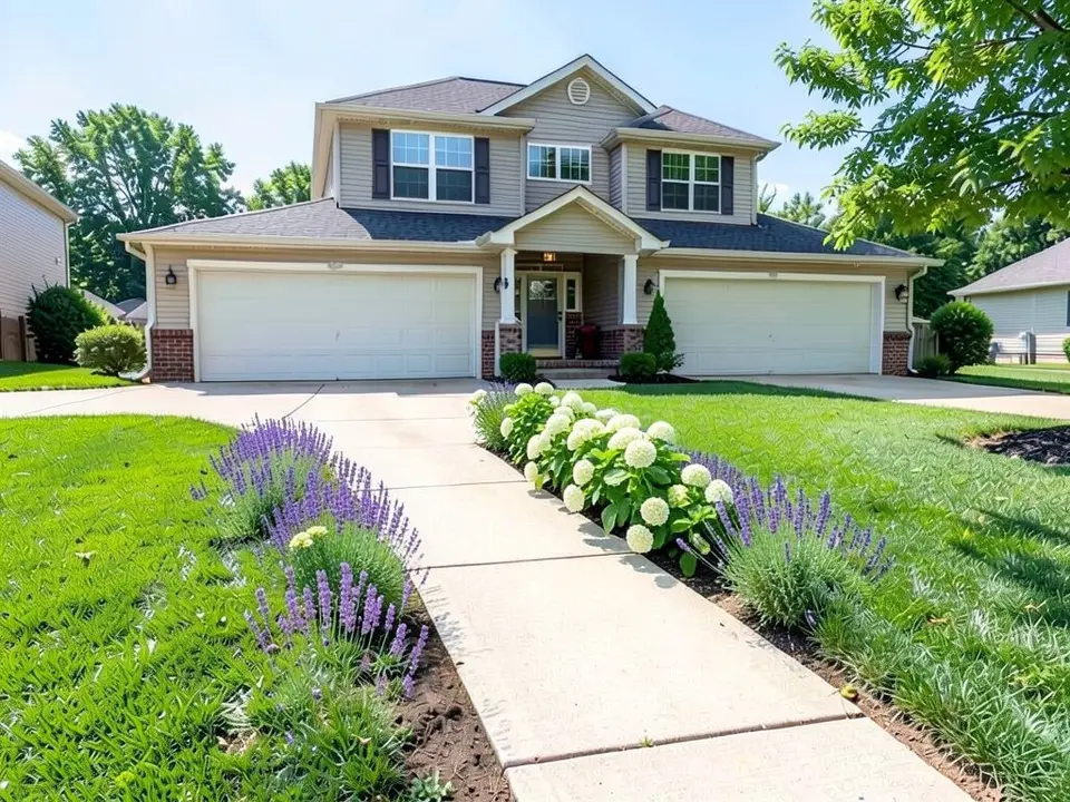 AI-edited version of the same image: clumps of purple lavender stand on the left edge of the walkway, and white hydrangea blooms and more lavender stand on the right edge