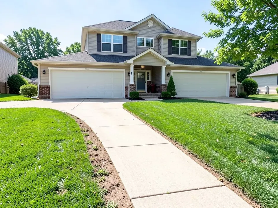 AI-generated example: a two-story house with a two-car garage and a covered entry, a wide concrete walkway curving from the foreground toward the house, green lawn on both sides and a thin strip of bare soil along each edge of the walkway