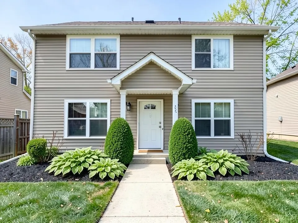 AI-edited version of the same image: a tall rounded evergreen shrub now stands on each side of the front door, with leafy hosta plants between them and under the windows, and the bare twiggy shrubs remain at the two far ends of the bed