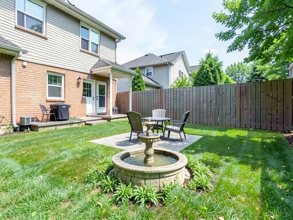 AI-edited version of the same image: a round stone fountain with a tiered center and water in its basin now stands at the front corner of the patio, with a ring of grass-like plants around its base, in front of the table and chairs