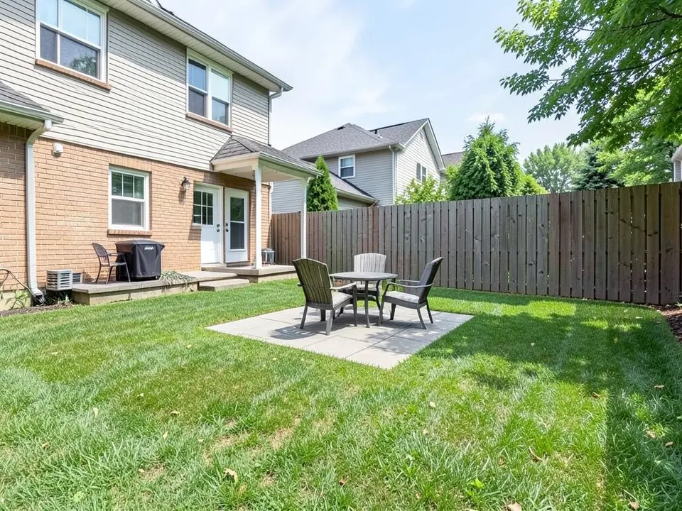 AI-generated example: a backyard with a green lawn, a small square paved patio with a table and three chairs, a brick and siding house with a grill beside its door on the left and a tall dark wooden fence at the back