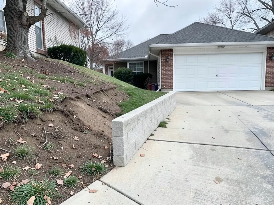 AI-edited version of the same image: a short straight wall of light grey blocks stands at the driveway edge in front of the bare dirt bank