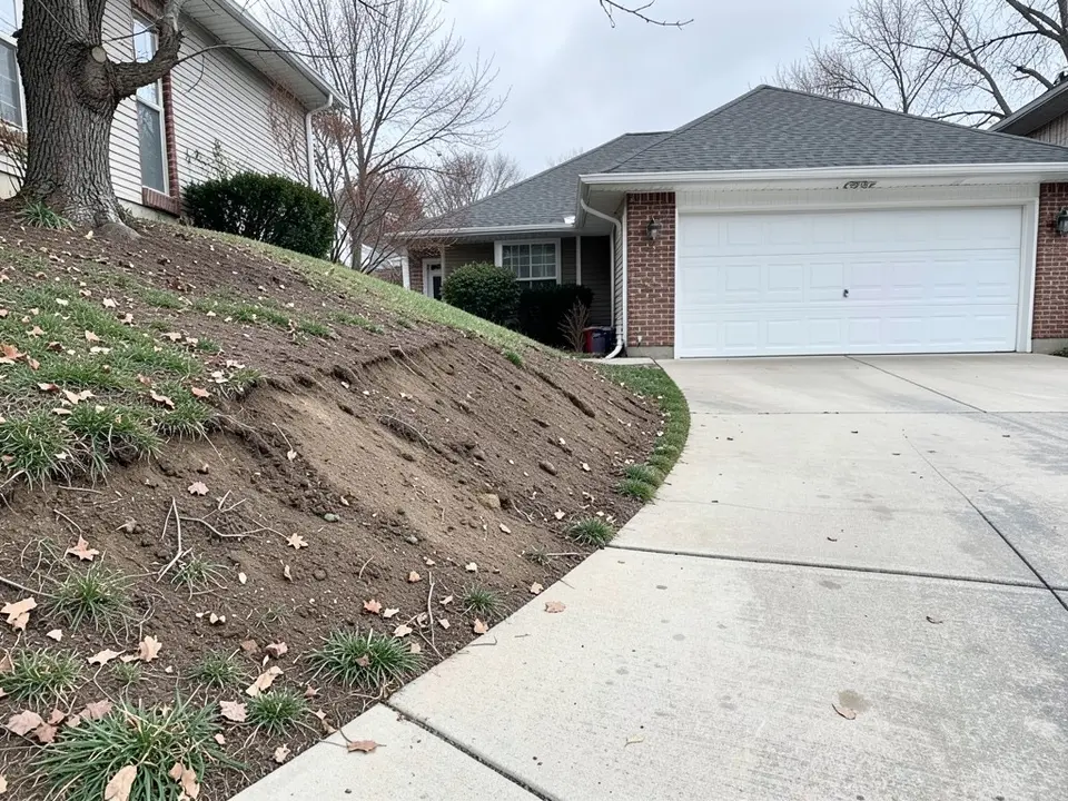 AI-generated example: a bare dirt and grass bank rising beside a concrete driveway that curves toward a brick house with a white double garage door, a large tree at the top left