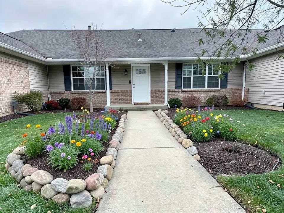 AI-edited version of the same image: a low curved edging of round boulders surrounds a raised flower bed of purple, orange and yellow flowers on the left lawn, and more rocks and flowers sit along the right side of the walkway