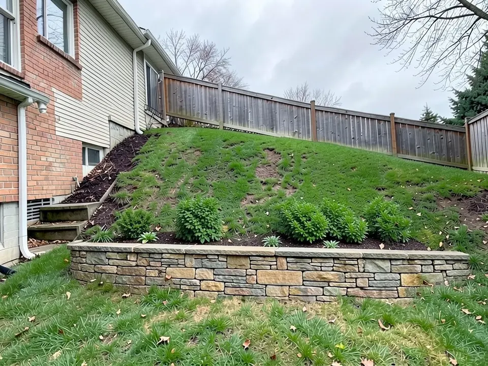 AI-edited version of the same image: a low stacked natural stone wall runs across the bank with green shrubs and a few flowers planted on the slope above it
