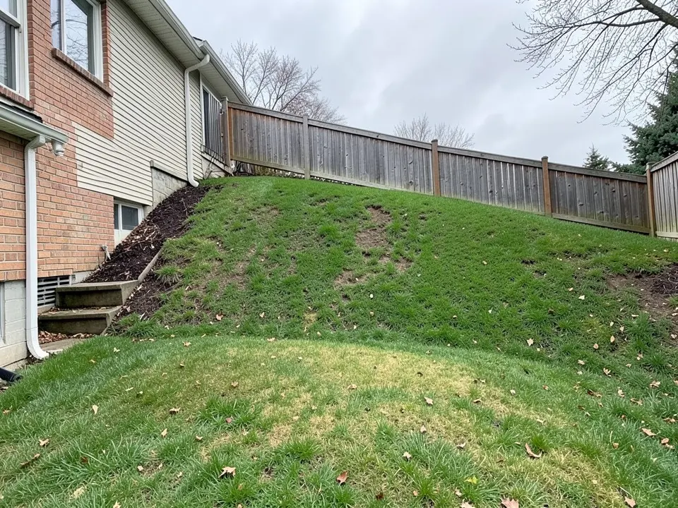 AI-generated example: a steep grassy bank rising beside the side of a brick and siding house up to a wooden fence at the top, with a few bare patches, mulch and steps at the left