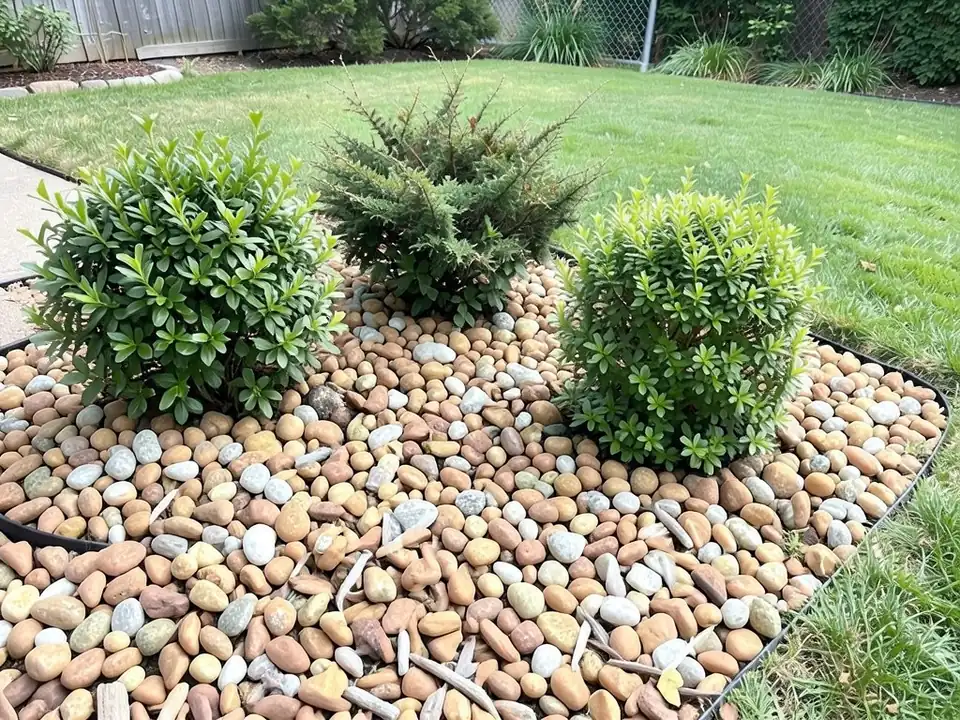 AI-edited version of the same image: the same bed covered with smooth, rounded stones in tan, white and pinkish brown with a few grey ones, around the same three shrubs and inside the black edging, with a few pale slivers of bark still showing between the stones