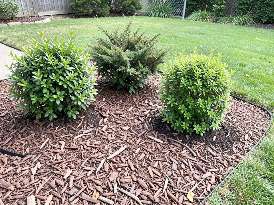 AI-generated example: a curved backyard bed covered in brown bark mulch around three shrubs, two leafy ones and a needled evergreen in the middle, with a black edging strip, a green lawn, a wooden fence, a chain-link fence and shrubs at the back