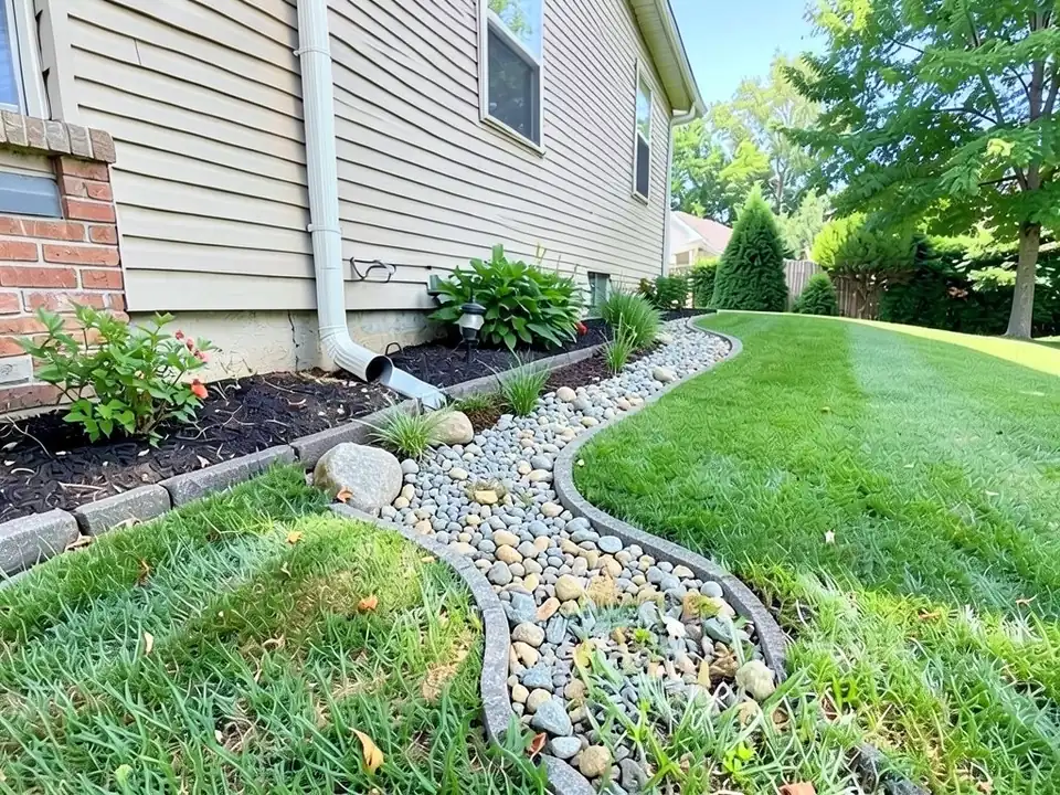 AI-edited version of the same image: a winding channel of mixed grey and tan rounded stones with grey edging on both sides starting at the far end of the bed, running along its edge past the downspout and then across the lawn toward the camera, one large boulder and a few smaller rocks beside it and small grass clumps along it, with the downspout still emptying onto the mulch