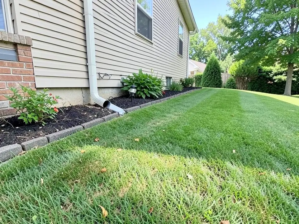 AI-generated example: the side of a house with beige siding and a brick section on the left, a white downspout with an extension emptying onto a mulched bed with grey block edging, hostas, a small flowering shrub and a garden light, and a green lawn running away to trees and a cone-shaped evergreen